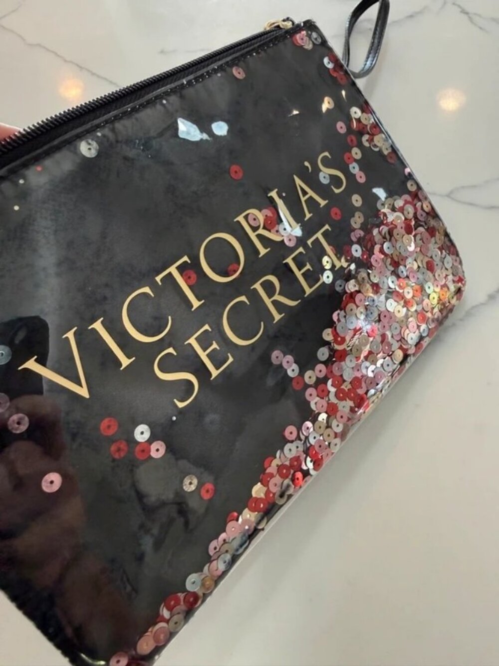 Victoria's Secret Black Sequin Glitter Wristlet Clutch Womens